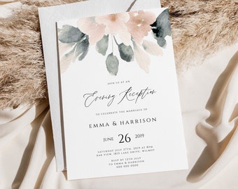 Blush Pink & Grey Floral Wedding Reception Party Invitation Template, Wedding Reception Printable, Evening Reception Invite, #017-ER