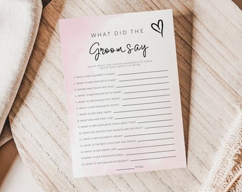 Pink Watercolour What did the Groom Say Bridal Shower Game Template, Simple Bridal Trivia Game, Minimalist Bachelorette Game,  #1201-GAME