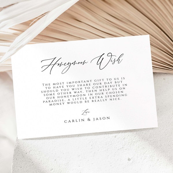 Calligraphy Wedding Honeymoon Wish Card Template, Wedding Gift Card, Printable Honeymoon Fund Card, In Lieu of Gifts,  #010-WW