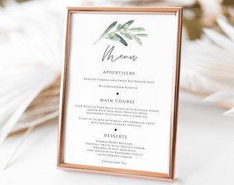 Olive Leaves Wedding Menu Template, Printable Wedding Menu, 5 x 7 Menu, Dinner Menu Card, Editable Text, , #014-LM