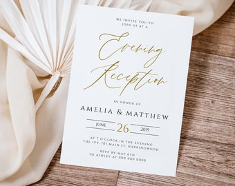 Calligraphy Gold Wedding Reception Party Invitation Template, Wedding Reception Printable, Evening Invite, Instant Download, #011-ER