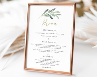 Olive Leaves Gold Wedding Menu Template, Printable Wedding Menu, 5 x 7 Menu, Dinner Menu Card, Editable Text, , #012-LM