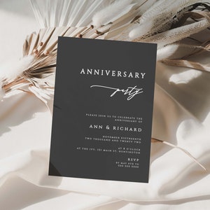 Elegant Grey Anniversary Party Invitation Template, Charcoal Wedding Anniversary Printable, , #147-AN