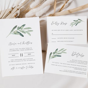 Olive Leaves Wedding Invitation Template Invitation Set includes rsvp & details card, Printable Invitation, 014-WIS image 1