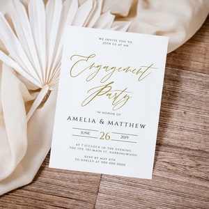 Calligraphy Gold Engagement Party Invitation Template, Printable Engagement Invitation Card, 100% Editable Text, #011-E