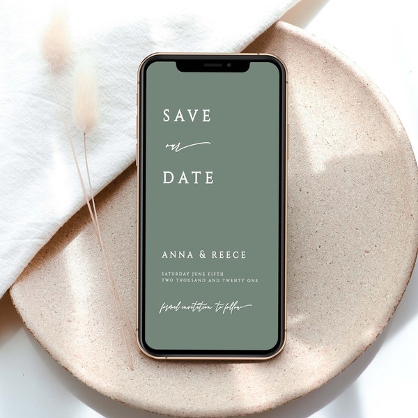 Elegante plantilla electrónica para guardar la fecha de Sage, moderno Guardar la fecha Evite, anuncio minimalista de la fecha de la boda, #121-TI