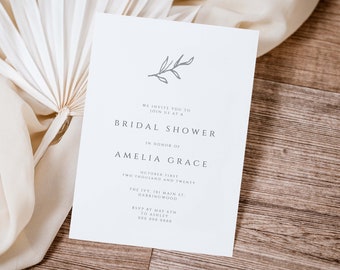 Minimalist Bridal Shower Invitation Template, Printable Invitation Card, Minimalist Branch DIY Bridal Shower Invite, #058-BS