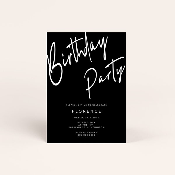 Modern Black Birthday Invitation Template, Formal Birthday Invite, Classy Birthday, Monochrome Birthday, #167-BIR