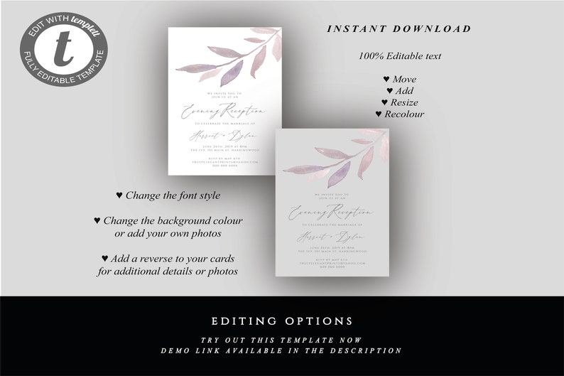 Evening Invite Lilac Foliage Instant Download Wedding Reception Party Invitation Template Wedding Reception Printable #016-ER