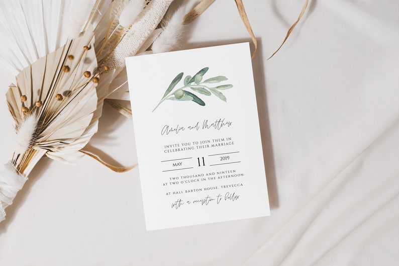 Olive Leaves Wedding Invitation Template Invitation Set includes rsvp & details card, Printable Invitation, 014-WIS image 4