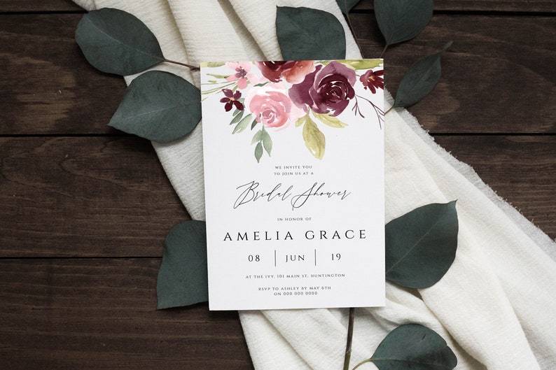 DIY Bridal Shower Invite Printable Bridal Invitation Card Bridal Shower Invites #001 Burgundy Floral Bridal Shower Invitation Template
