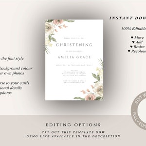 Floral Christening Invitation Template, Vintage Baptism Invite, Tea Roses Christening, Summer Christening Invite, Instant Download, 054-CI image 6