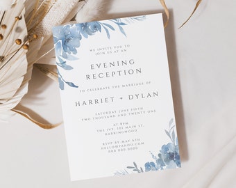 Floral Evening Reception Invitation Template, Wedding Reception Invite, Blue Floral Evening Invite, , #087-ER