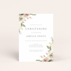 Floral Christening Invitation Template, Vintage Baptism Invite, Tea Roses Christening, Summer Christening Invite, Instant Download, 054-CI image 5