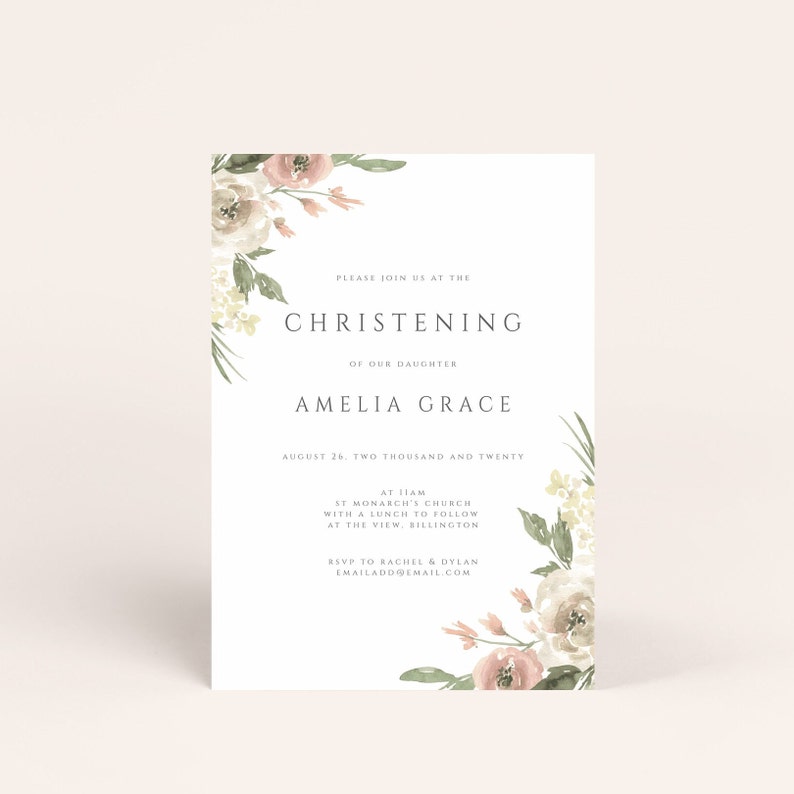 Floral Christening Invitation Template, Vintage Baptism Invite, Tea Roses Christening, Summer Christening Invite, Instant Download, 054-CI image 5