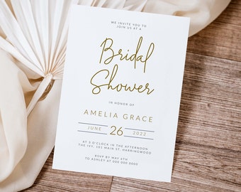 Minimalist Gold Bridal Shower Invitation Template, Printable Invitation Card, Script Bridal Shower Invite, INSTANT DOWNLOAD, #103-BS