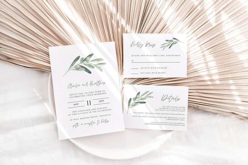 Olive Leaves Wedding Invitation Template Invitation Set includes rsvp & details card, Printable Invitation, 014-WIS image 3