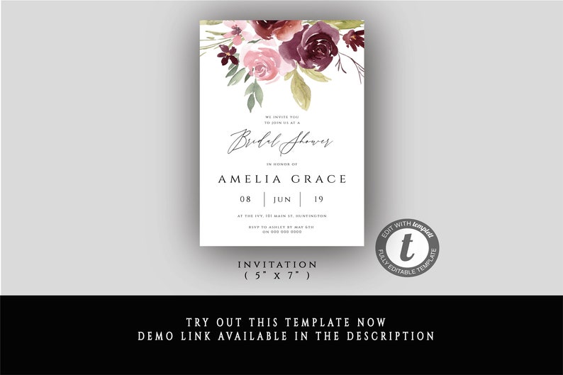 DIY Bridal Shower Invite Printable Bridal Invitation Card Bridal Shower Invites #001 Burgundy Floral Bridal Shower Invitation Template