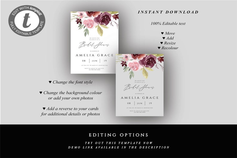 DIY Bridal Shower Invite Printable Bridal Invitation Card Bridal Shower Invites #001 Burgundy Floral Bridal Shower Invitation Template