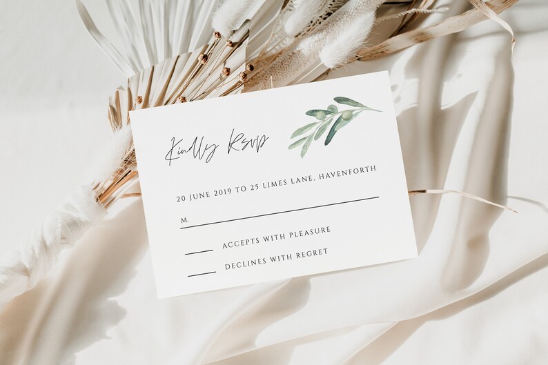 Olive Leaves Wedding Invitation Template Invitation Set includes rsvp & details card, Printable Invitation, 014-WIS image 5