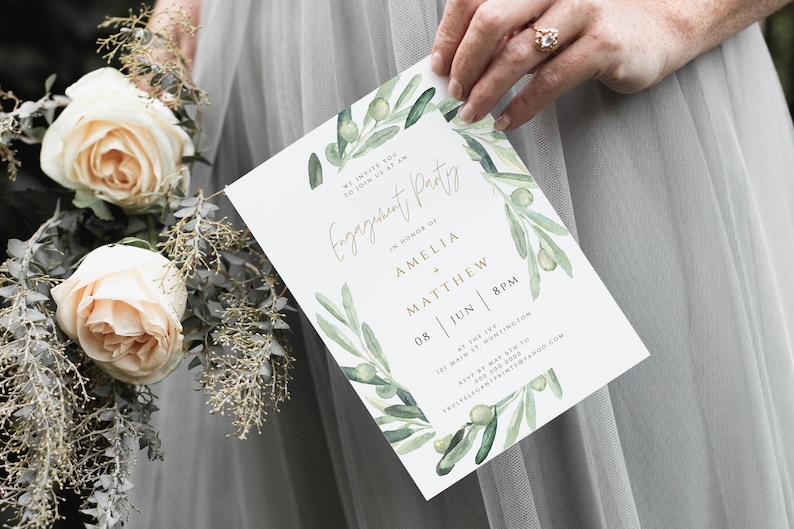 Greenery Gold Engagement Invitation Olive Branch 001 Engagement Party Invitation Template DIY Engagement Invitation Card