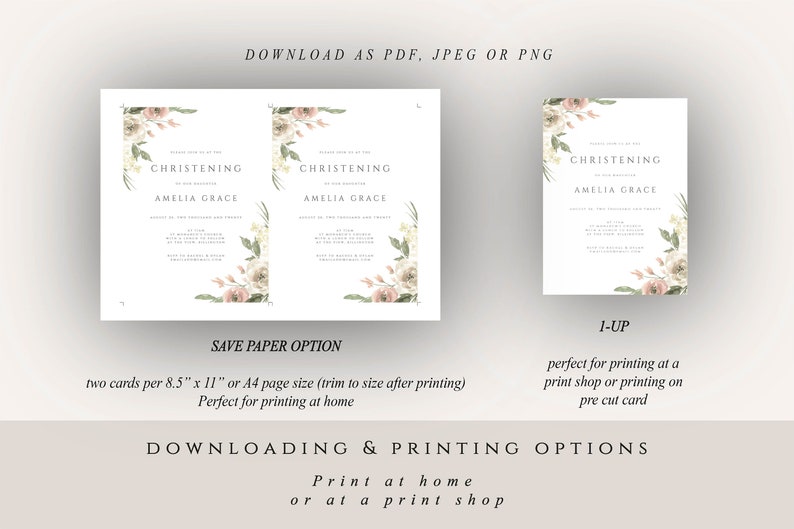 Floral Christening Invitation Template, Vintage Baptism Invite, Tea Roses Christening, Summer Christening Invite, Instant Download, 054-CI image 7