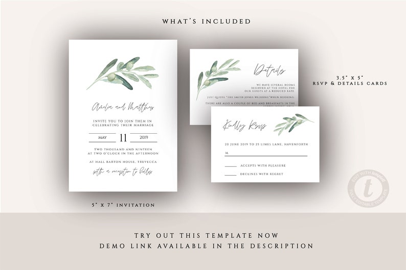 Olive Leaves Wedding Invitation Template Invitation Set includes rsvp & details card, Printable Invitation, 014-WIS image 2