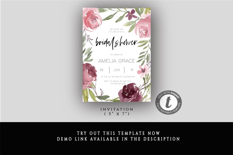 Burgundy Floral Bridal Shower Invitation Template Printable Etsy