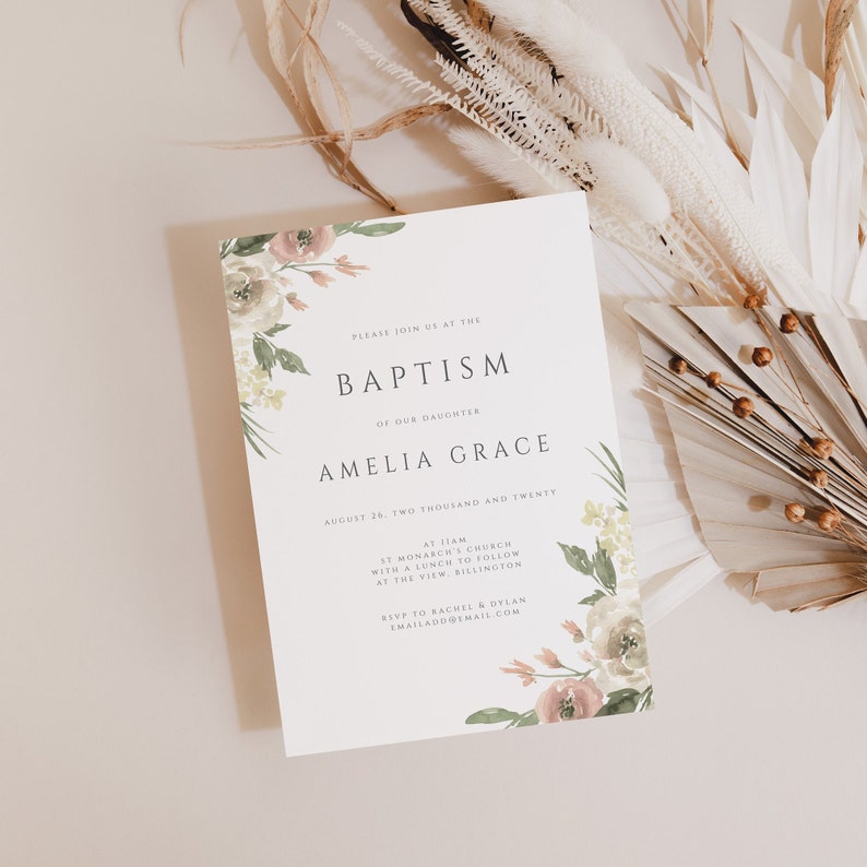 Vintage Roses Baptism Invitation Template, Floral Christening