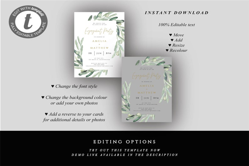 Greenery Gold Engagement Invitation Olive Branch 001 Engagement Party Invitation Template DIY Engagement Invitation Card