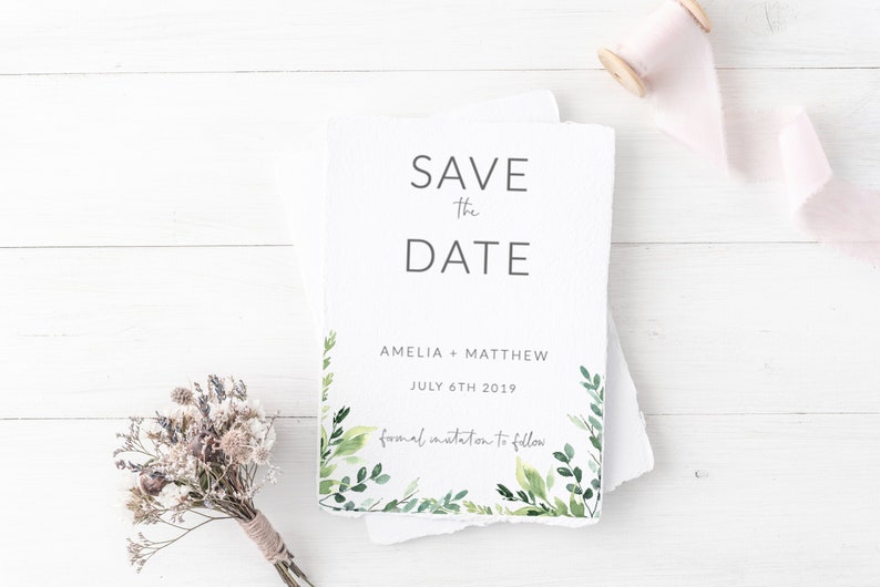 Greenery Edge Save The Date Card Template Printable Save The Etsy