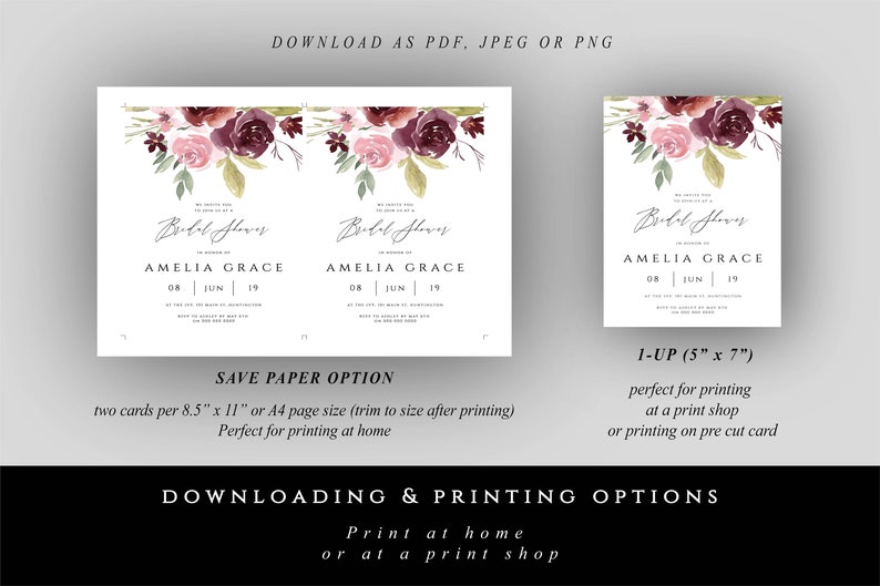 DIY Bridal Shower Invite Printable Bridal Invitation Card Bridal Shower Invites #001 Burgundy Floral Bridal Shower Invitation Template