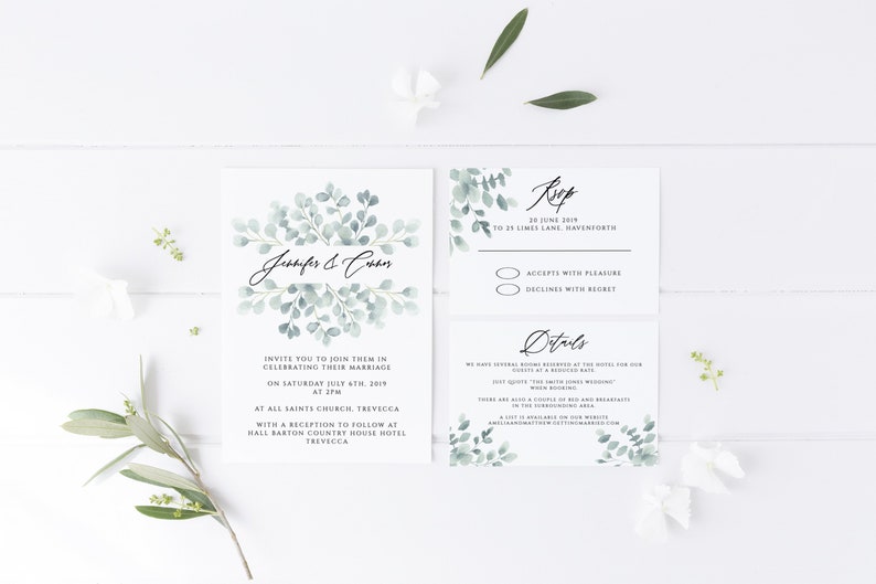 Printable Invite Suite including rsvp /& details card Instant Download Soft Eucalyptus Wedding Invitation Template Editable Text