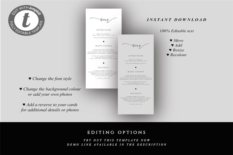 Printable Wedding Menu Script Wedding Menu Template Instant Download #066-M 3.75x9 Editable Menu