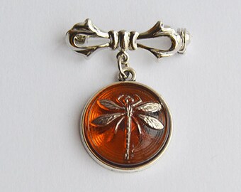 Dragonfly in Amber (Czech glass) on Silver Bow Brooch - Sassenach Jewelry - Outlander inspired