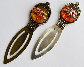 Dragonfly in Amber Bookmark - Czech Glass Button - Silver or Bronze - Sassenach Book Lover Gift - Outlander inspired