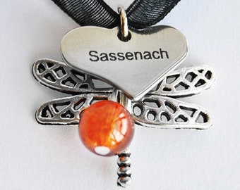 Sassenach Necklace - Stainless Steel Tag + Glass Bead + Silver Tone Dragonfly Charm Pendant - Claire Fraser Jewelry - Outlander inspired