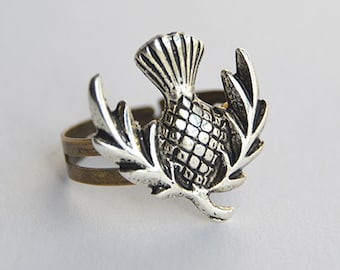 Thistle Ring - Antique Silver Scottish Flower on Adjustable Brass Ring Band - Sassenach Jewelry - Outlander inspired