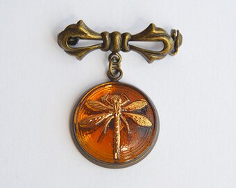 Dragonfly in Amber (Czech Glass) Bronze Bow Brooch - Sassenach Jewelry - Outlander inspired