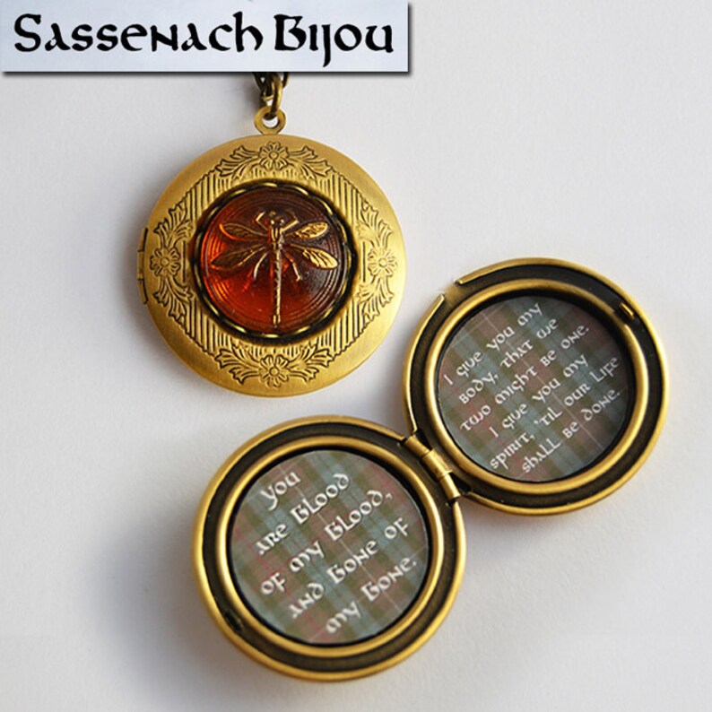 celtic wedding vows inside Czech Glass on Bronze Tone Brass Pendant Necklace Dragonfly in Amber Locket Sassenach Jewelry