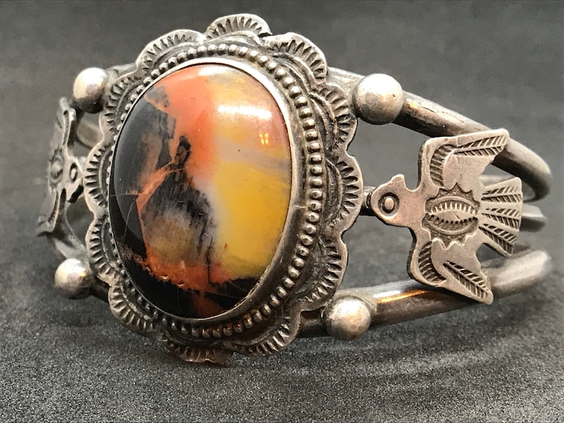 Petrified Wood Cuff Bracelet Unmarked Sterling Thunderbird