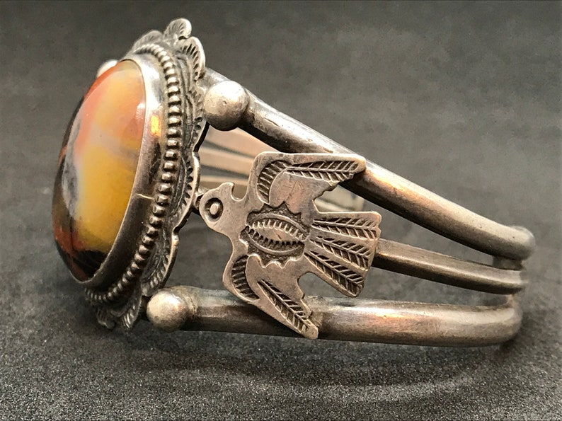 Petrified Wood Cuff Bracelet Unmarked Sterling Thunderbird