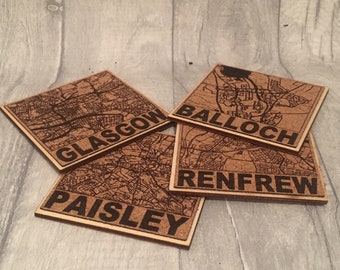 Personalized Map Coaster: Engraved Birch & Cork, Custom Location Gift