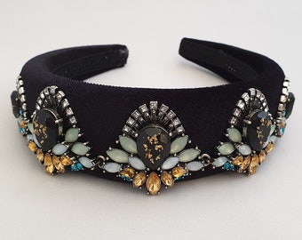 Black velvet headband natural stone flower gemstone rhinestone embellishment womens hairband baroque style 4cm wide crown fascinator tiara