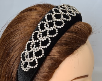 Black padded velvet headband silver tone crystal diamante chain embellishment womens hairband handmade baroque style 4cm wide crown tiara