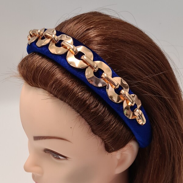 Royal blue padded velvet headband gold tone chain embellishment womens hairband handmade baroque style crown fascinator tiara