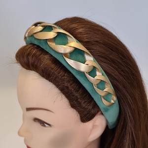 Soft green padded velvet headband gold tone chain embellishment womens hairband crown fascinator tiara diadem halo