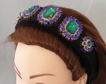 Bandeau en velours rembourré noir verre vert émeraude / cristal embellissement femme bandeau de cheveux fait à la main style baroque 4cm de large couronne unique