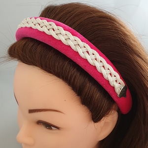 Rosa gepolstertes Samt Stirnband Silber Ton Zopf Zopf Zopf Verzierung Damen Mädchen Haarband handgefertigt 3cm breit Krone Fascinator Tiara Prinzessin