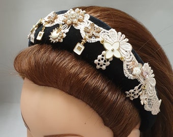 Black headband crystal diamante faux pearl flower lace embellishment shabby chic womens padded velvet hairband 4cm wide crown fascinator